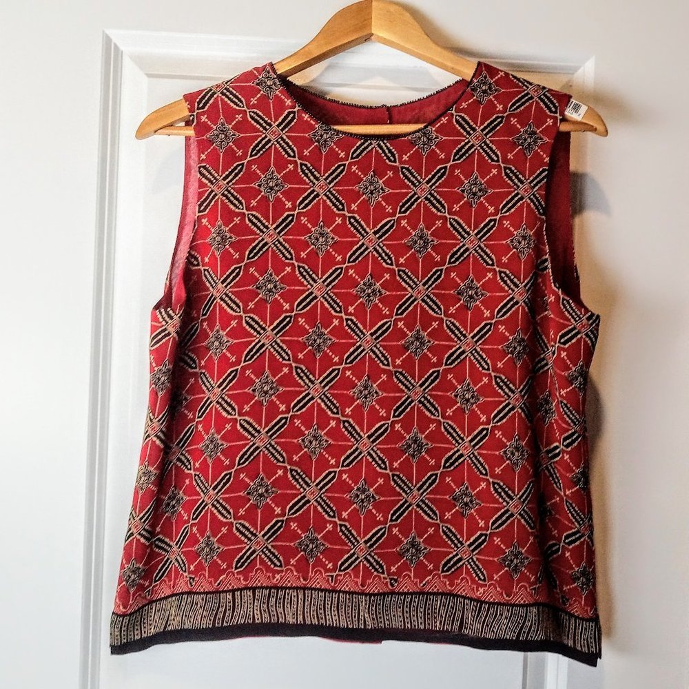 Red Black Tan Print Bead Neck Sleeveless Silk Top